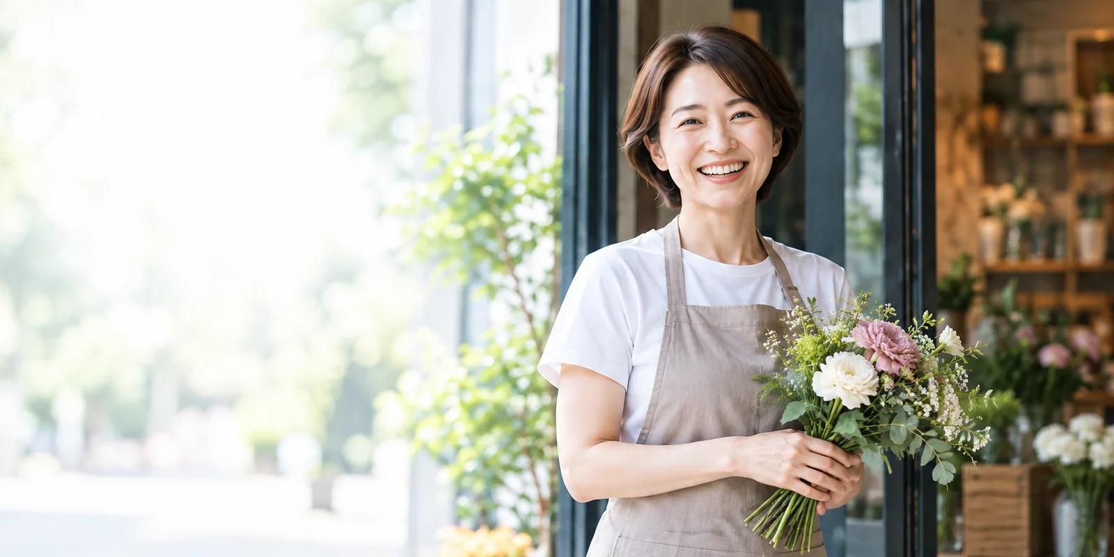 明るいお店でほほえむ店主のイメージ